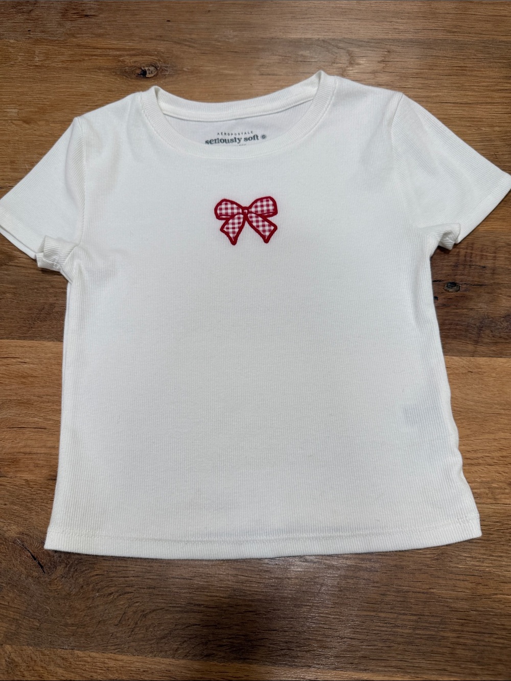 Aeropostale White Short-Sleeve Baby Tee with Red Gingham Bow